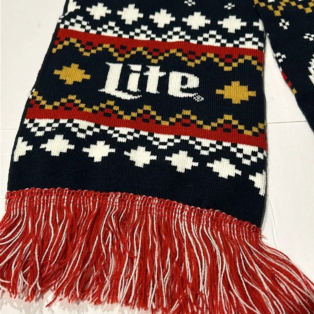 Miller Lite Christmas Holiday Scarf Reindeer & Ornaments Navy Blue Red and White